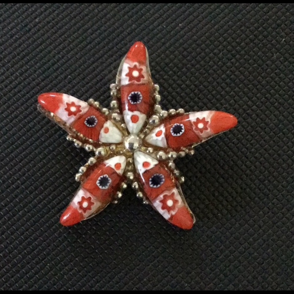 🆕Murano Millefiori Red starfish silver pendant.